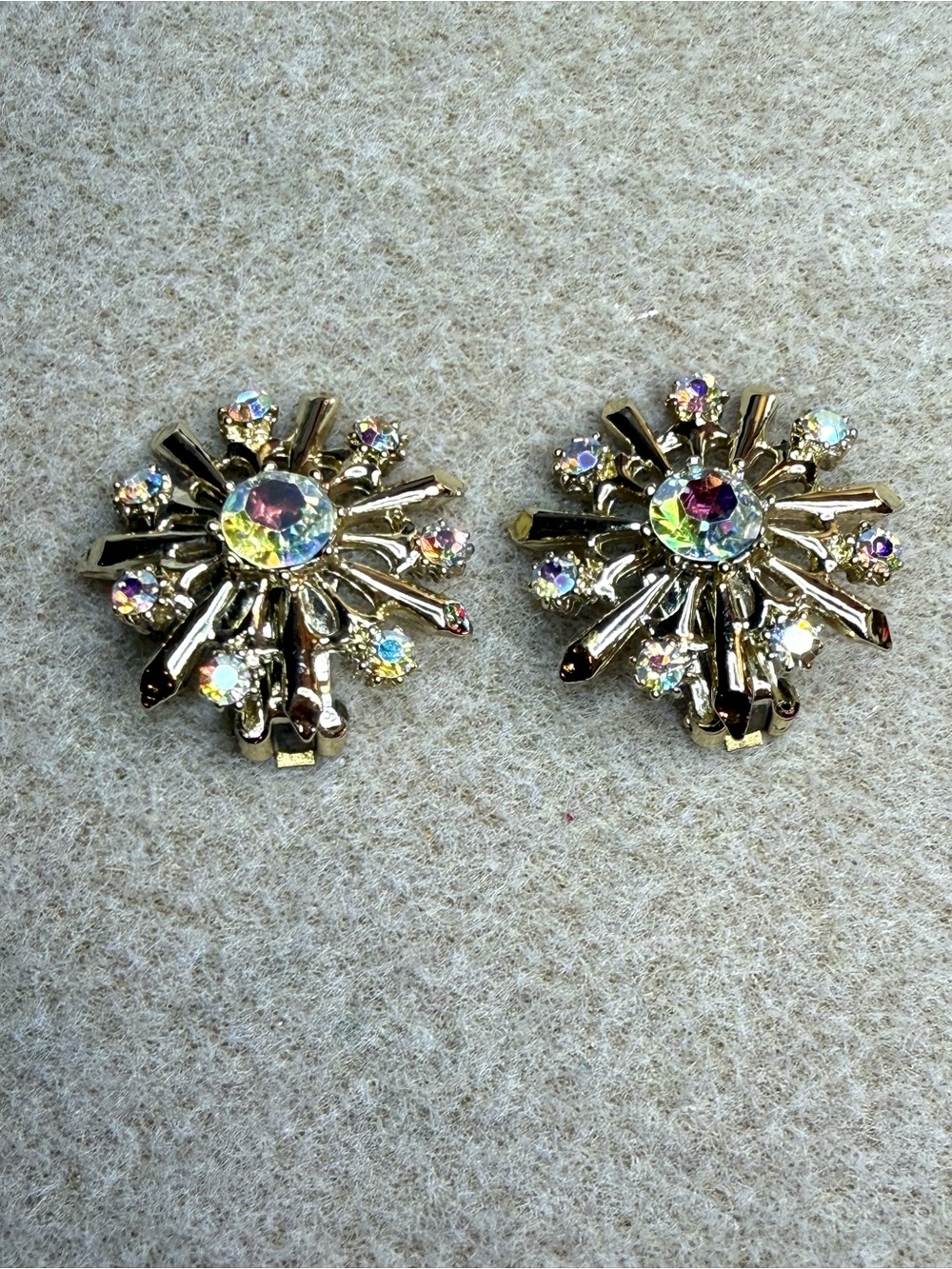 Gold-Tone Atomic Starburst AB Clip-On Earrings- Vintage